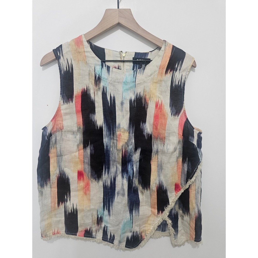 DKNY Womens 100% Linen Abstract Ikat Print Sleeveless Top Asymmetric Hem Large